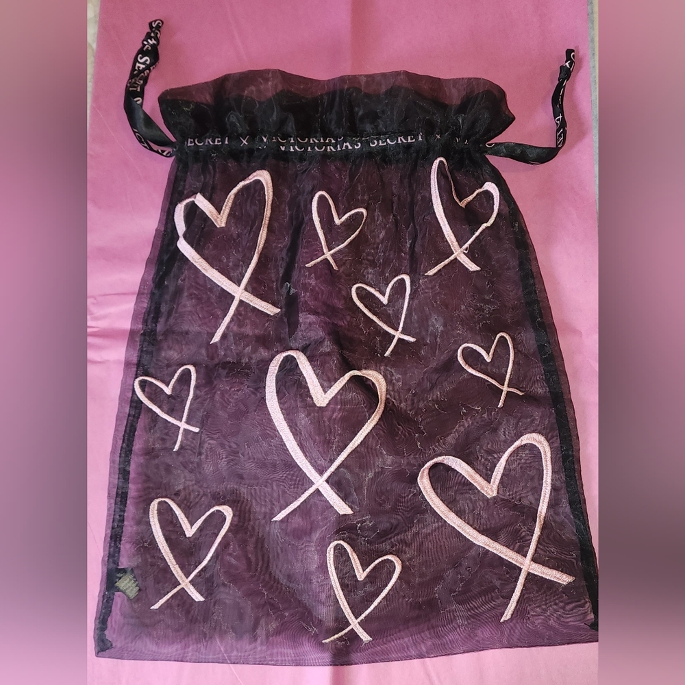 Victoria's Secret Black and Pink Heart Drawstring Bag